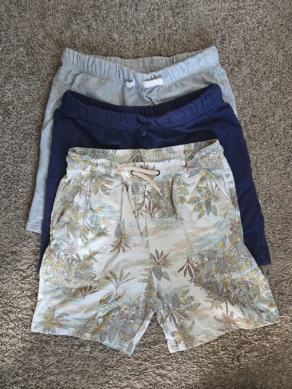 3 Pairs Carter's Tropical Print, Navy Blue & Gray Drawstring Shorts -